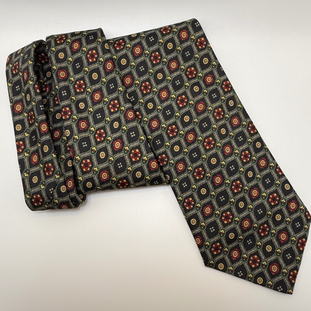 Italian Silk Necktie One Size Medallion Geometric Floral Vintage Dark Academia